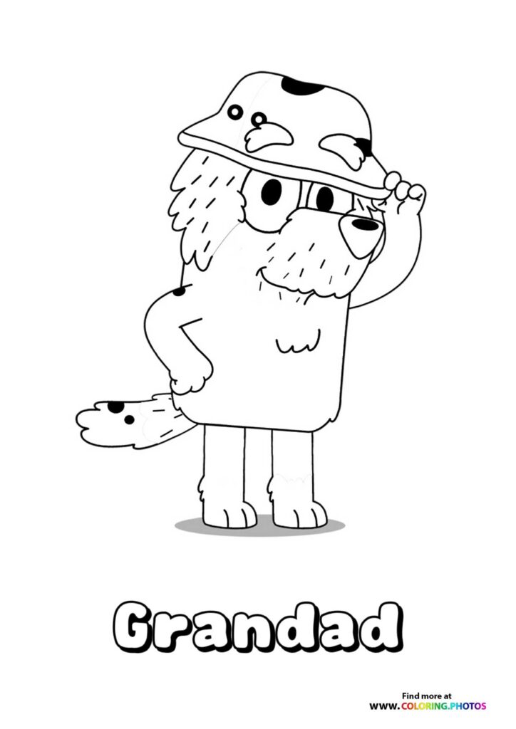 Grandad from Bluey holding a toy whale above his head coloring page