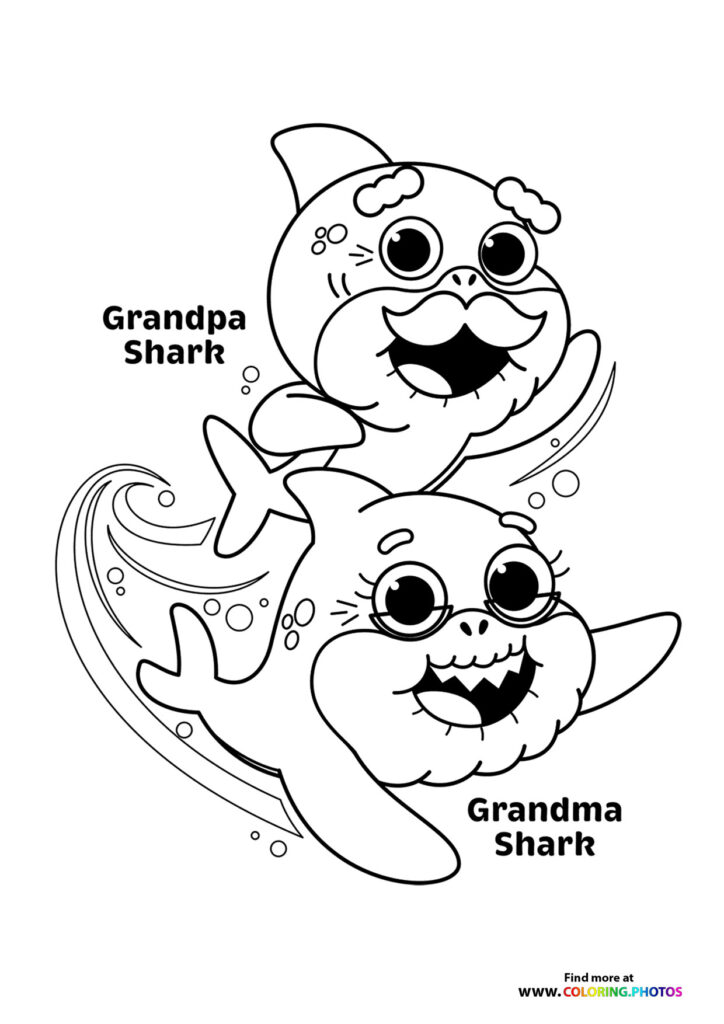 Grandpa and Grandma Shark swimming together with bubbles and ocean water coloring page from Baby Shark