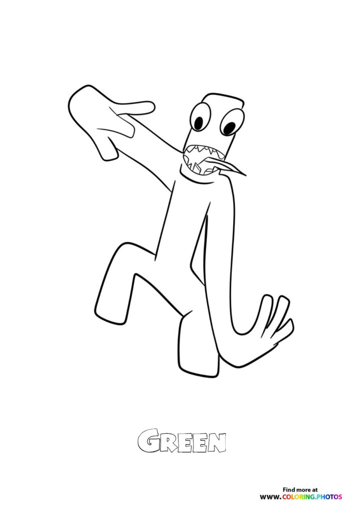 Green from Rainbow Friends with extended arm and kicking legs, wide eyes and open mouth coloring page