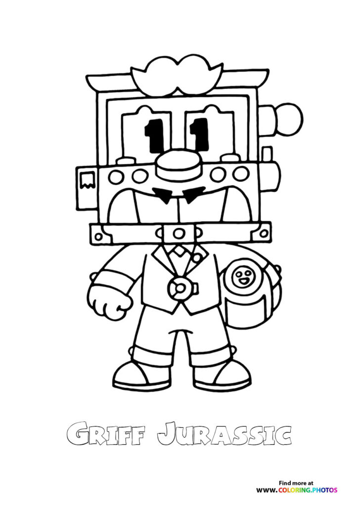 Griff Jurassic from Brawl Stars wearing a mechanical suit with control cabin and jetpack coloring page