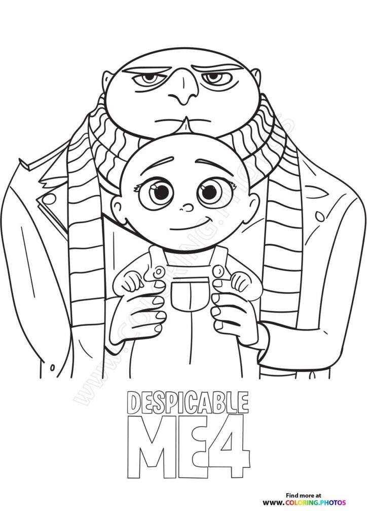 Gru and his baby daughter holding a device coloring page from Despicable Me 4