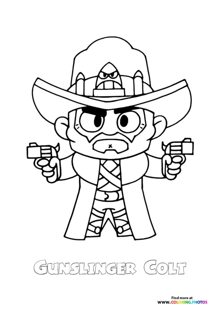 Gunslinger Colt from Brawl Stars holding dual pistols in cowboy outfit coloring page