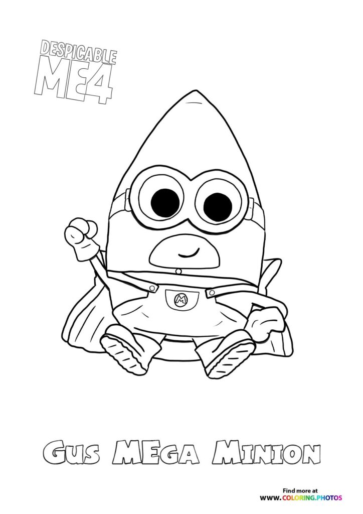 Gus the Mega Minion with tall pointed head and large eyes wearing minion outfit coloring page from Despicable Me 4