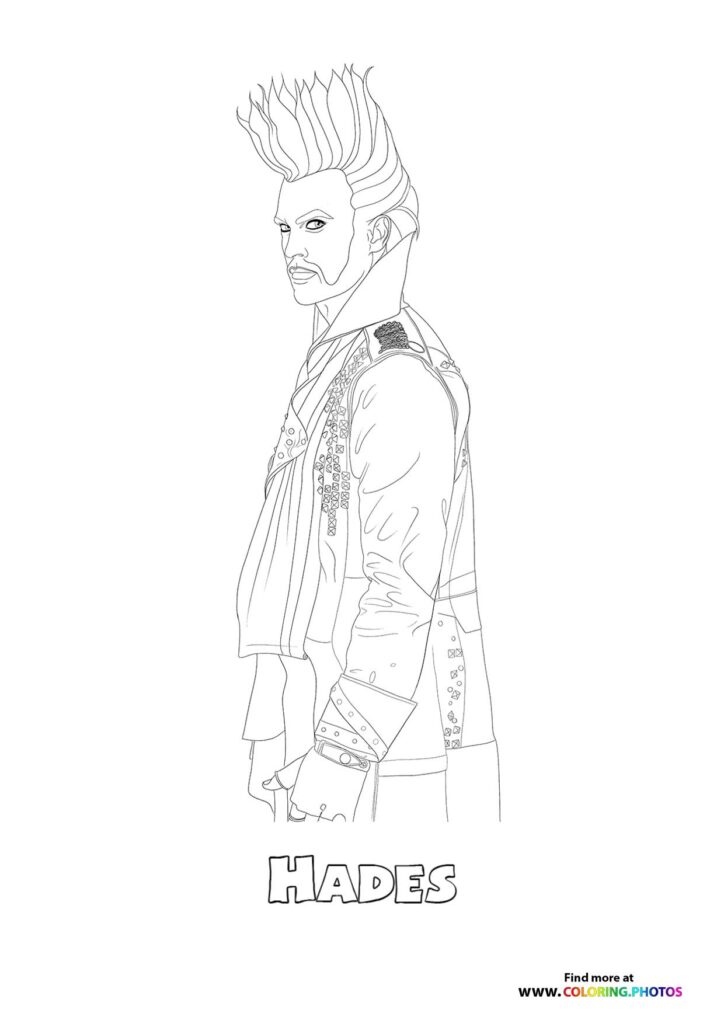 Hades from Descendants in his ornate jacket and spiked hair, standing in profile coloring page