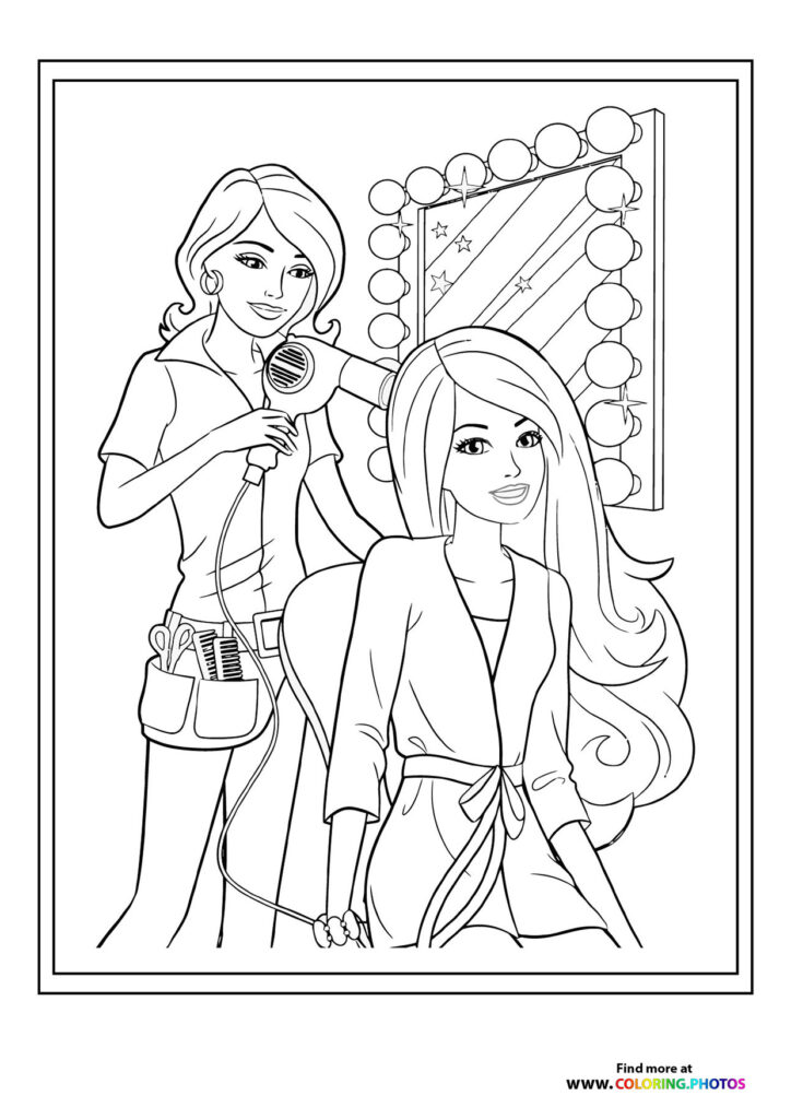 Two fashion girls at a salon mirror with bulbs, one styling hair with a brush coloring page