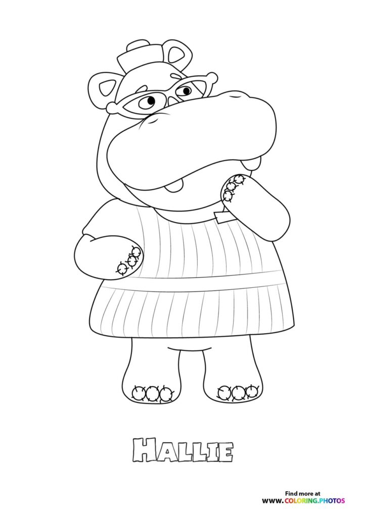 Hallie the hippo wearing striped dress and nurse cap from Doc McStuffins coloring page