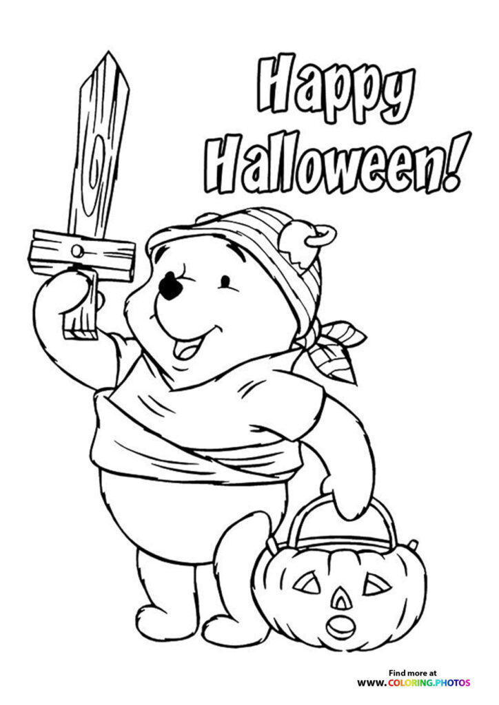 Winnie the Pooh dressed as a mummy with a sword and jack-o-lantern bucket Halloween coloring page
