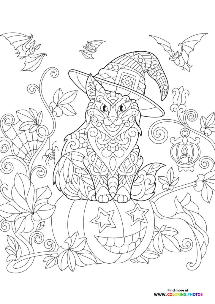 Decorative cat in witch hat sitting in jack-o-lantern pumpkin surrounded by bats and ornate Halloween foliage coloring page