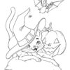 Cute hallween cat playing with a bat coloring page