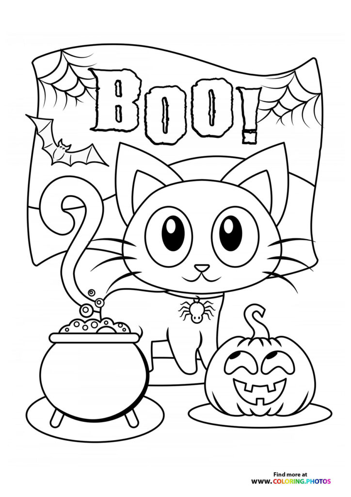 Halloween cat with big eyes next to cauldron and jack-o-lantern with spiderwebs and BOO text coloring page