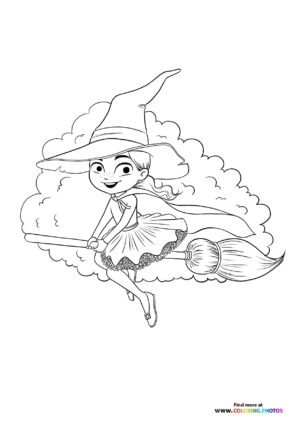Halloween witch flying on a broom coloring page