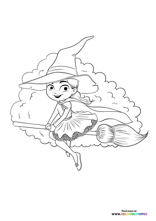 Halloween witch flying on a broom coloring page