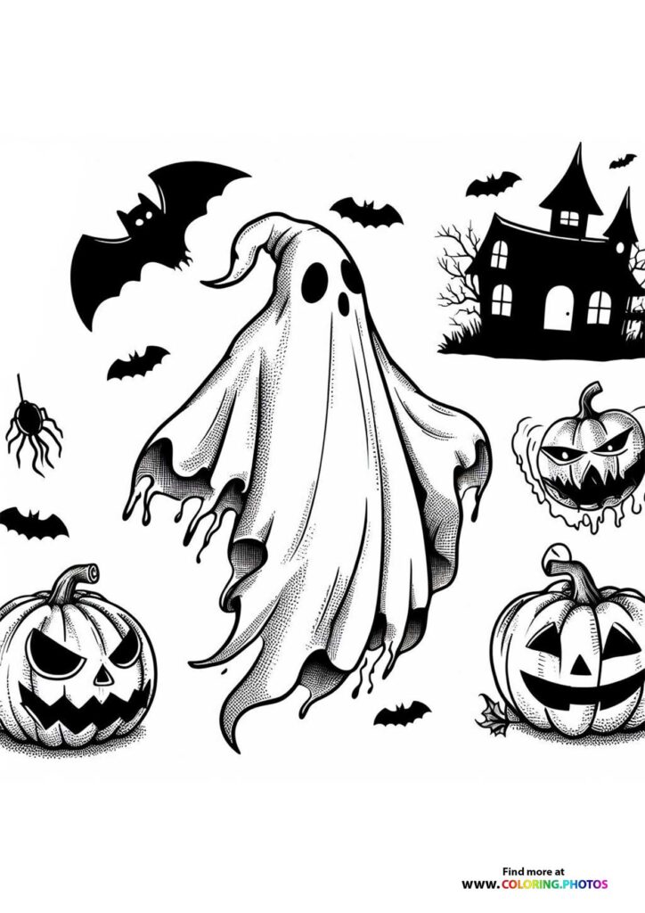 A ghost wearing a sheet with jack-o'-lanterns, haunted house, bats, and spider coloring page