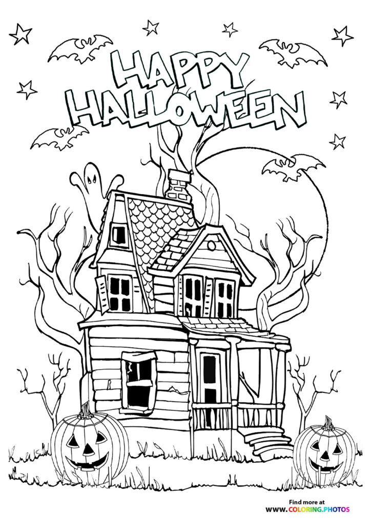 Haunted house with jack-o'-lanterns, bats, and bare trees Halloween coloring page