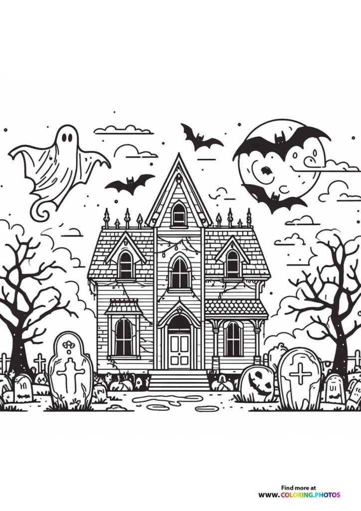 Haunted Victorian mansion with graveyard, tombstones, bats, ghost, and full moon coloring page