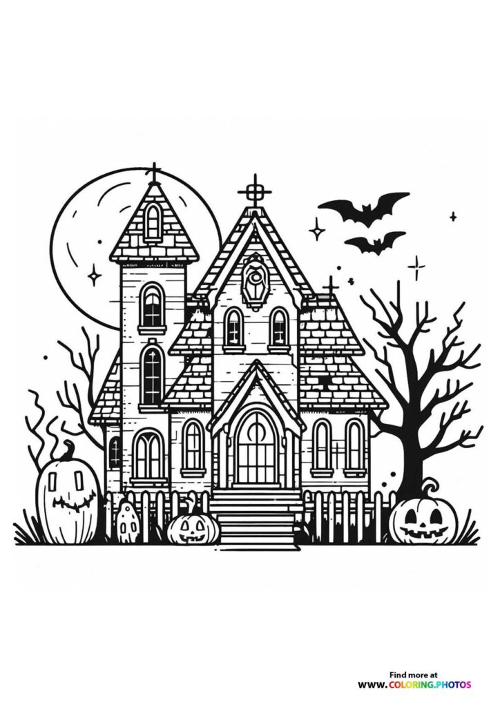 Haunted Victorian mansion with twin towers, full moon, jack-o-lanterns, dead trees, and bats coloring page