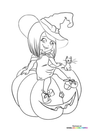 Halloween witch on a pumpkin coloring page