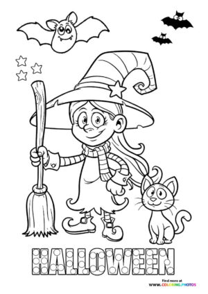 Halloween witch with a cat coloring page
