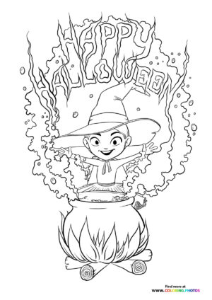 Halloween witch with a cauldron coloring page