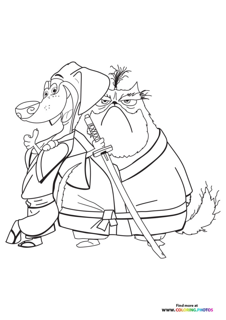 Hank the dog and Jimbo in samurai armor holding swords coloring page from Paws of Fury