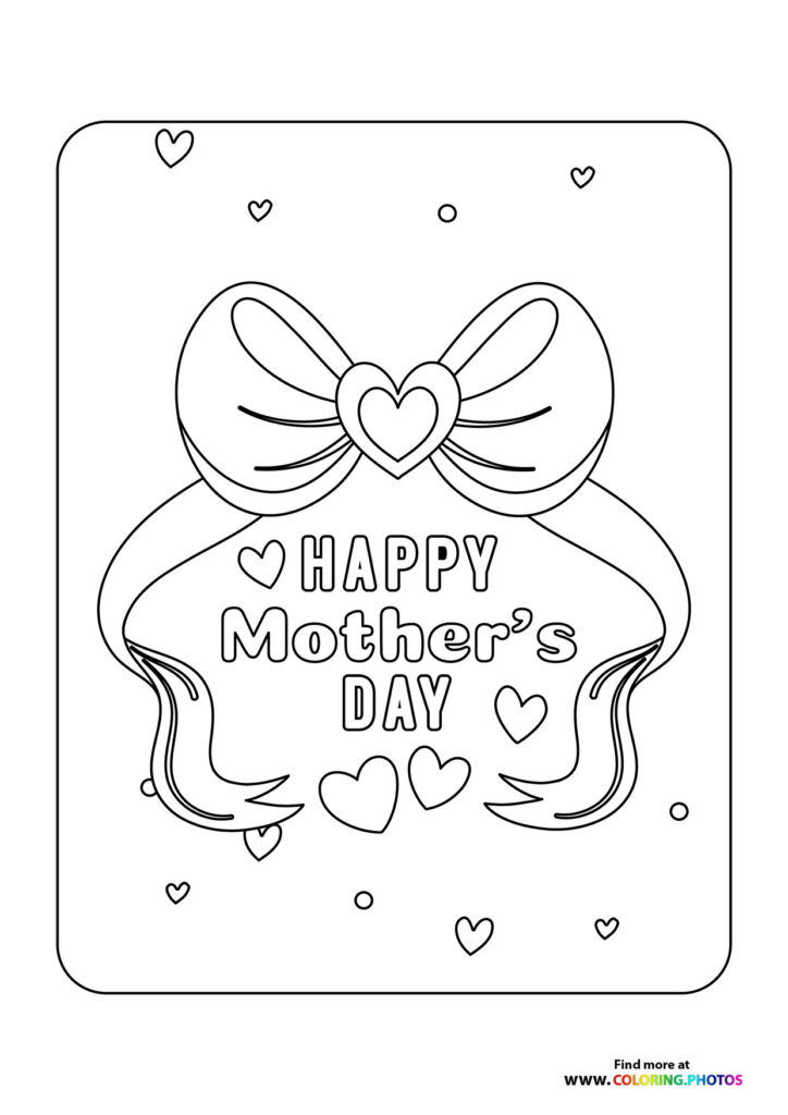 Happy Mother's Day greeting with ribbon bow and heart centerpiece surrounded by scattered hearts coloring page
