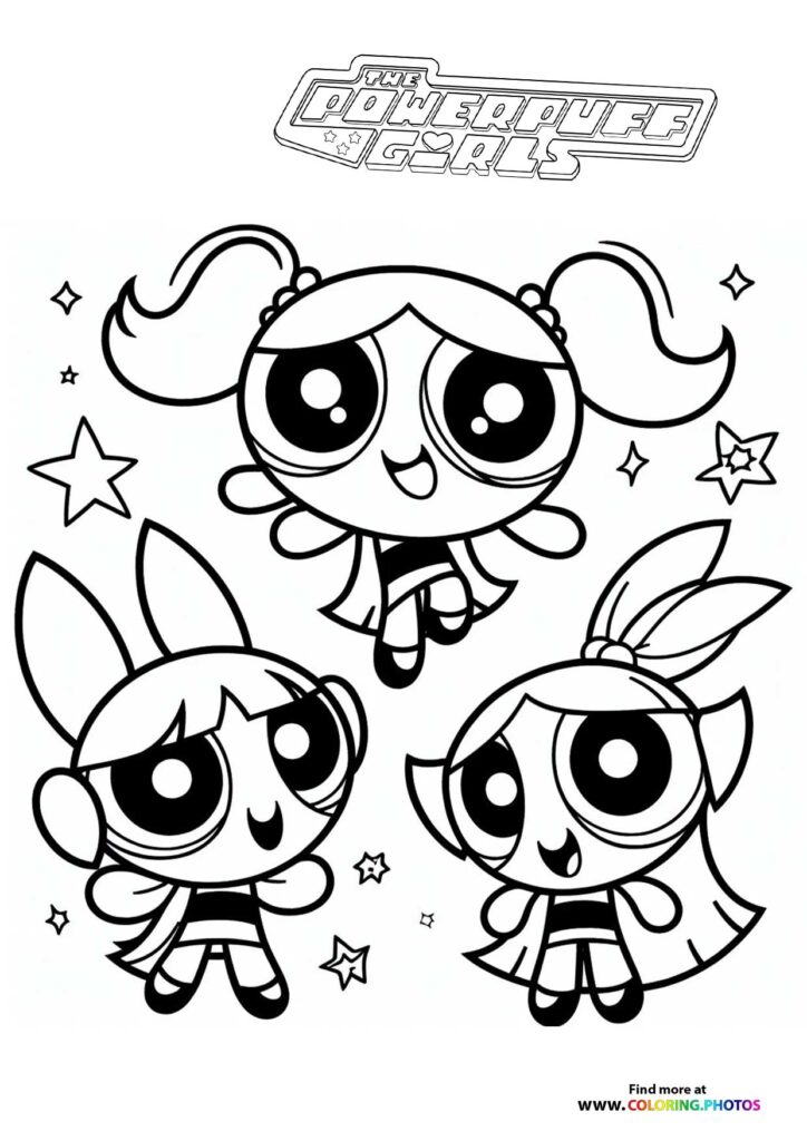 The three Powerpuff Girls, Blossom, Bubbles, and Buttercup, posed together with stars on their coloring page