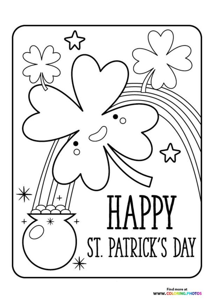 Lucky four-leaf clover with rainbow and pot of gold St. Patrick's Day coloring page