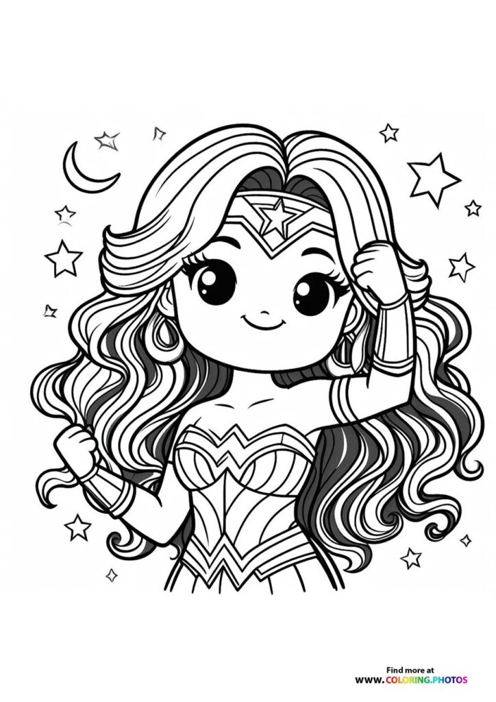 Wonder Woman wearing tiara and star armor surrounded by stars and moon coloring page