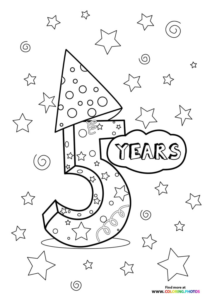 Large number 5 with party hat and polka dots surrounded by stars and swirls, "5 YEARS" birthday coloring page