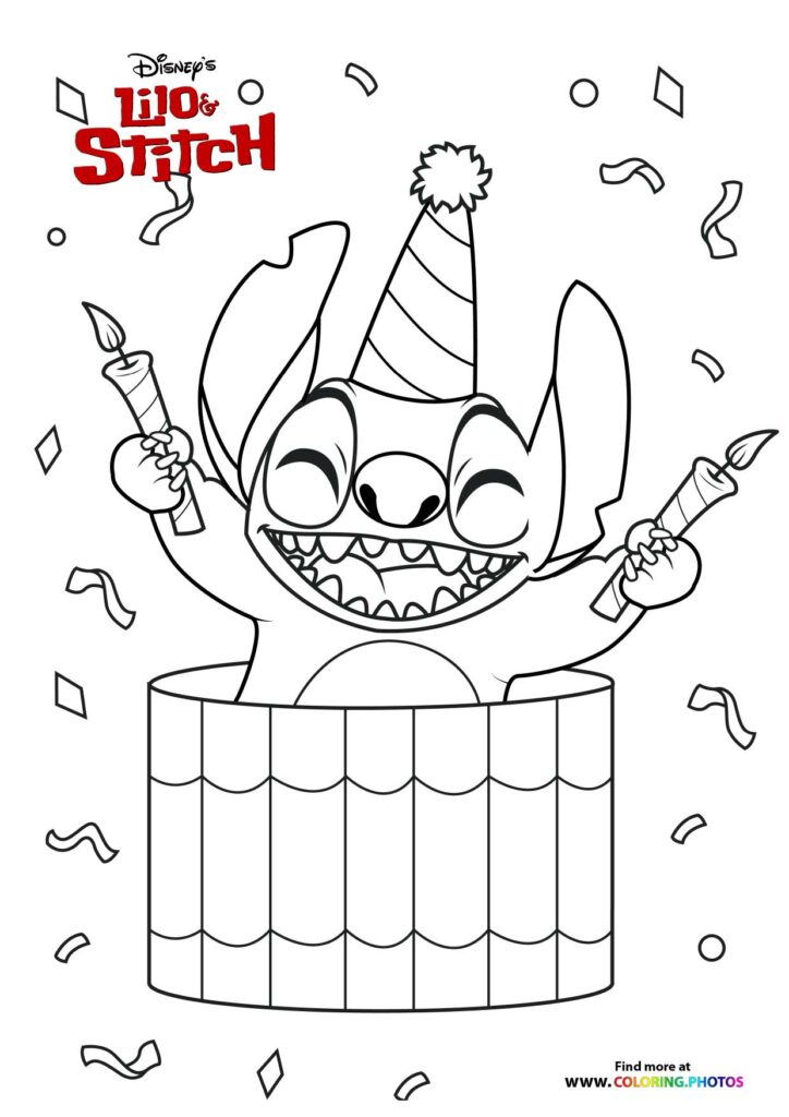 Stitch jumping out of a birthday cake wearing a party hat and holding candles coloring page from Lilo and Stitch