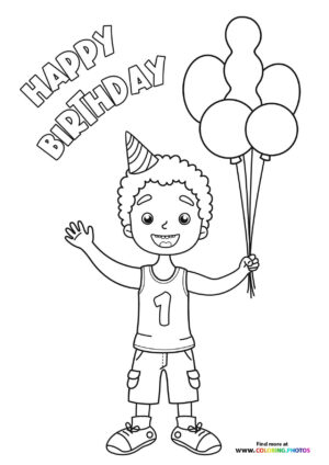 Happy Birthday boy with ballons coloring page