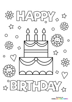 Happy birthday cake with flowers coloring page