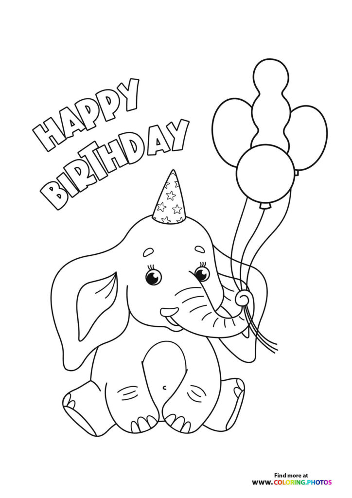 Baby elephant wearing star party hat holding balloons with Happy Birthday text coloring page