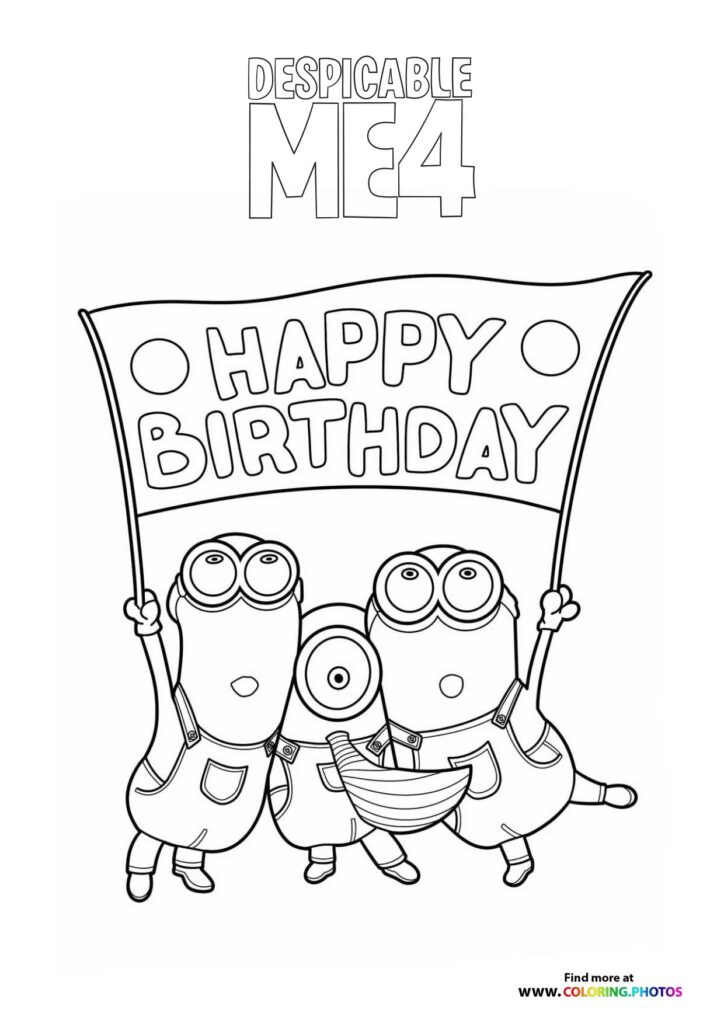 Three Minions holding a Happy Birthday banner with one holding a banana coloring page from Despicable Me 4