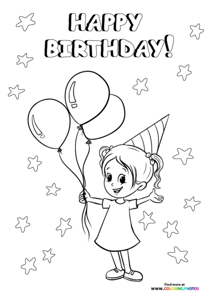 Smiling girl in party hat holding three balloons with Happy Birthday text and stars coloring page
