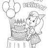 Birthday girl with a cake coloring page