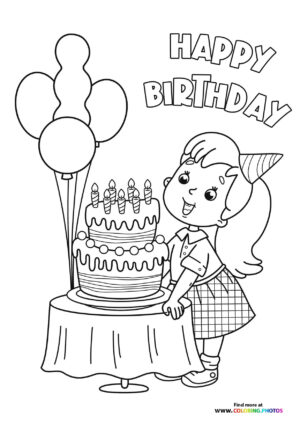 Birthday girl with a cake coloring page