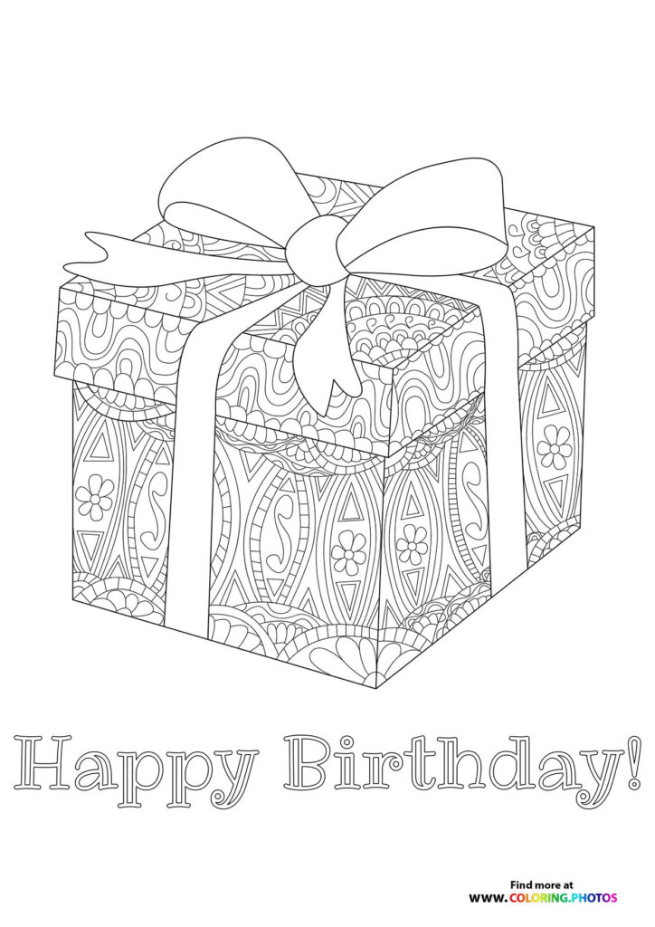 Decorative birthday gift box with ribbon bow and patterned design coloring page