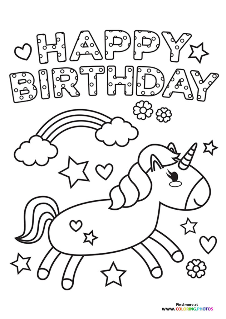 Happy Birthday unicorn with party decorations, rainbow, clouds, flowers and stars coloring page
