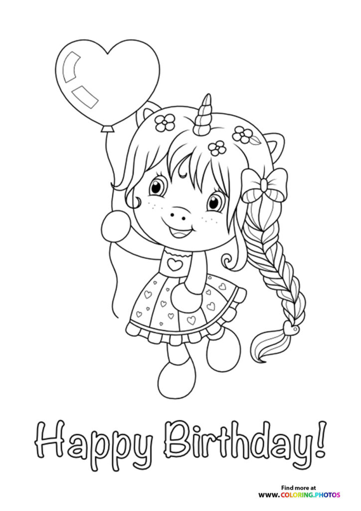 Smiling unicorn girl with horn, braided tail, and heart-patterned dress holding a heart balloon, birthday coloring page