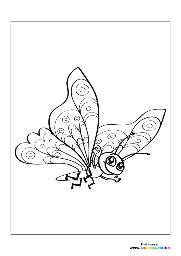 Cartoon butterfly with spotted wings and big eyes coloring page