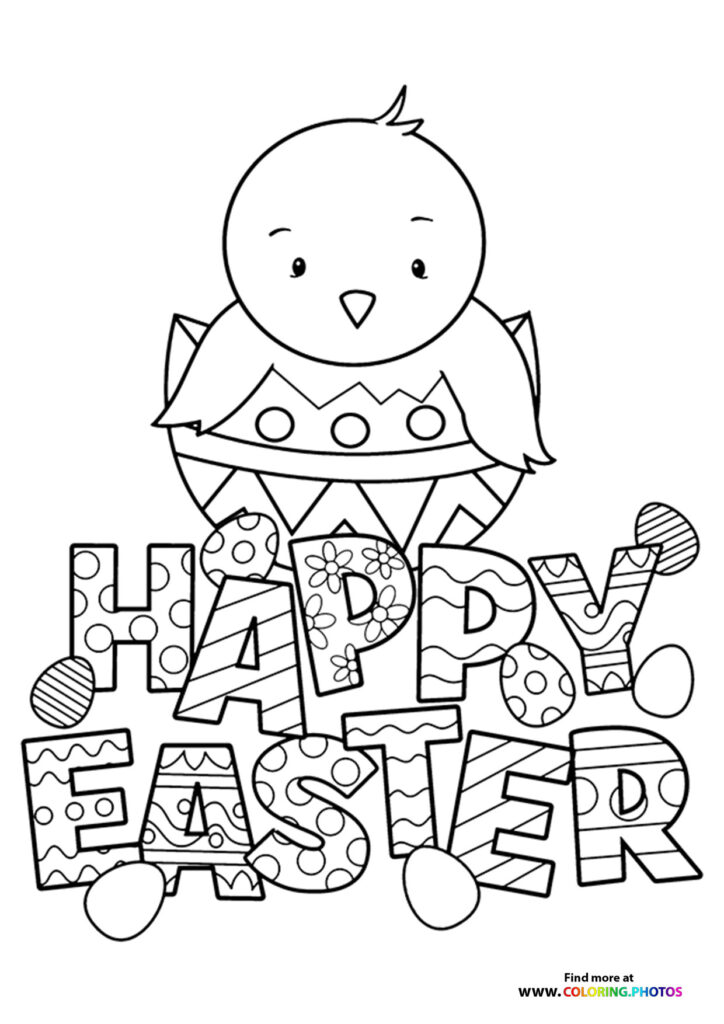 Baby chick with decorated Easter eggs and Happy Easter text coloring page