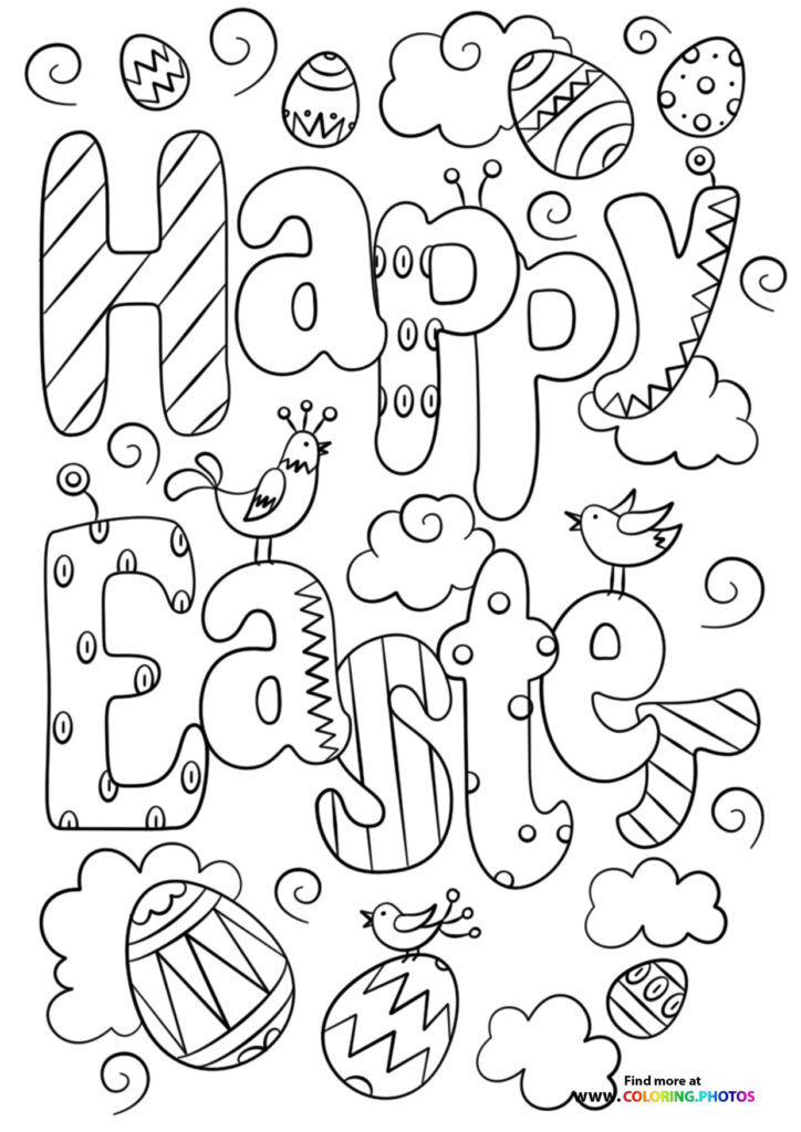 Happy Easter doodle with decorated eggs, birds, clouds, and patterned letters coloring page