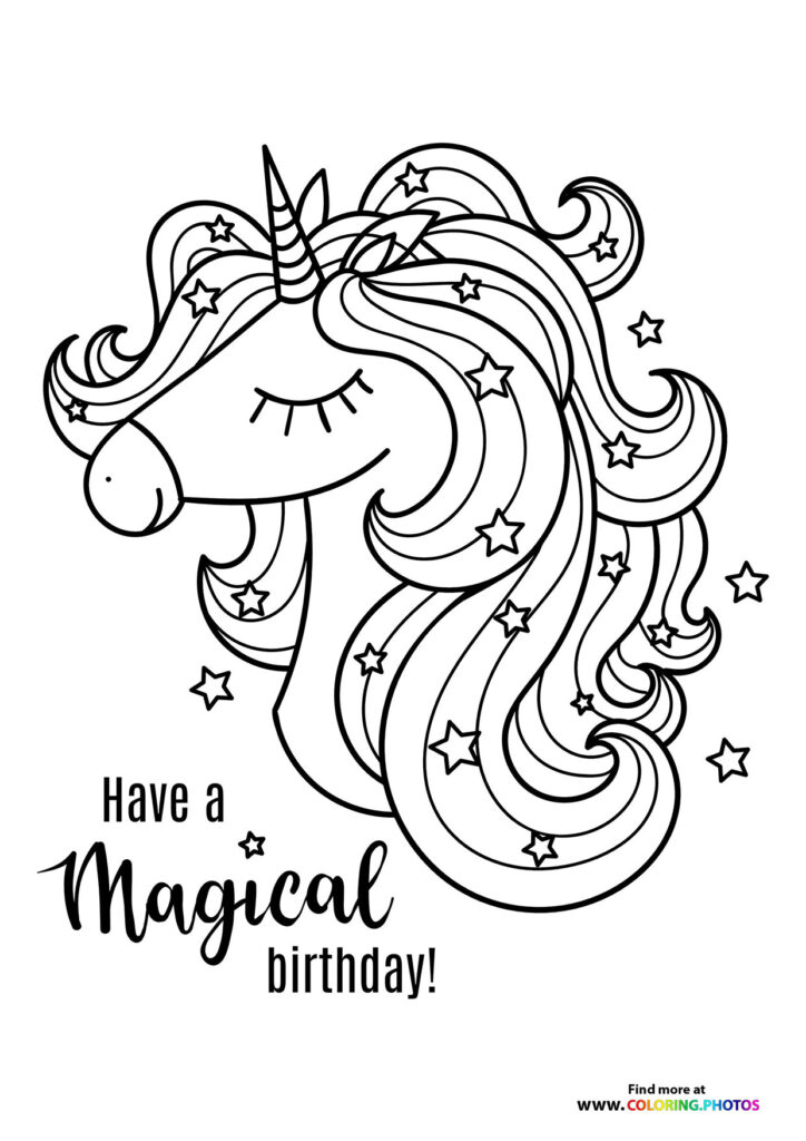 Unicorn with spiral horn and star-filled flowing mane for a magical birthday coloring page
