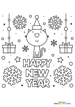 Happy New Year from a Cat coloring page