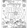 Happy snowy New Year coloring page
