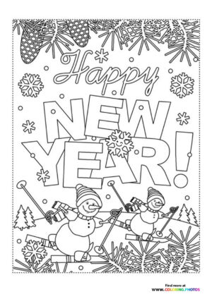 Happy snowy New Year coloring page