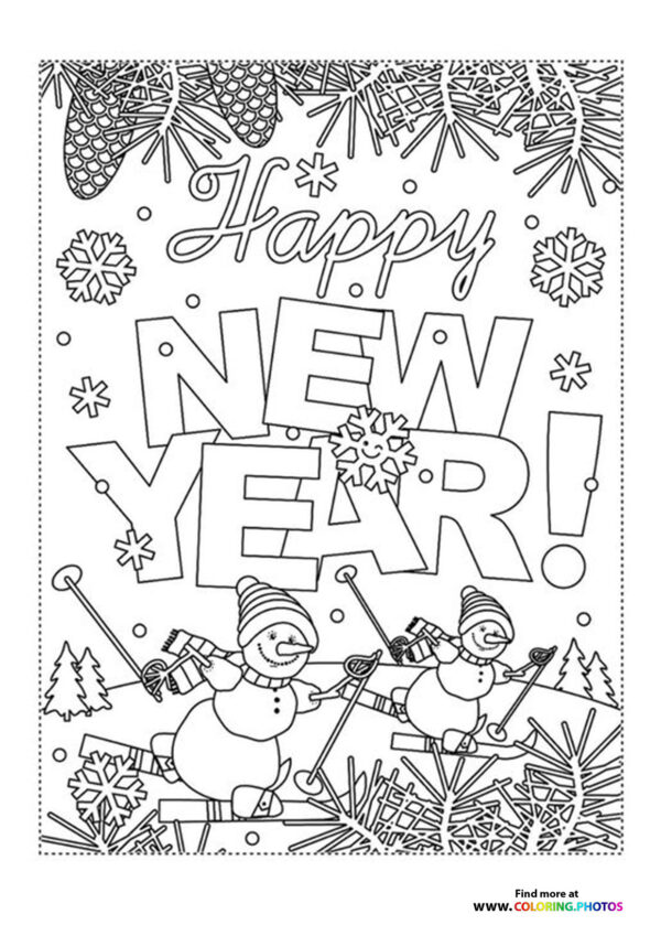 Happy snowy New Year coloring page