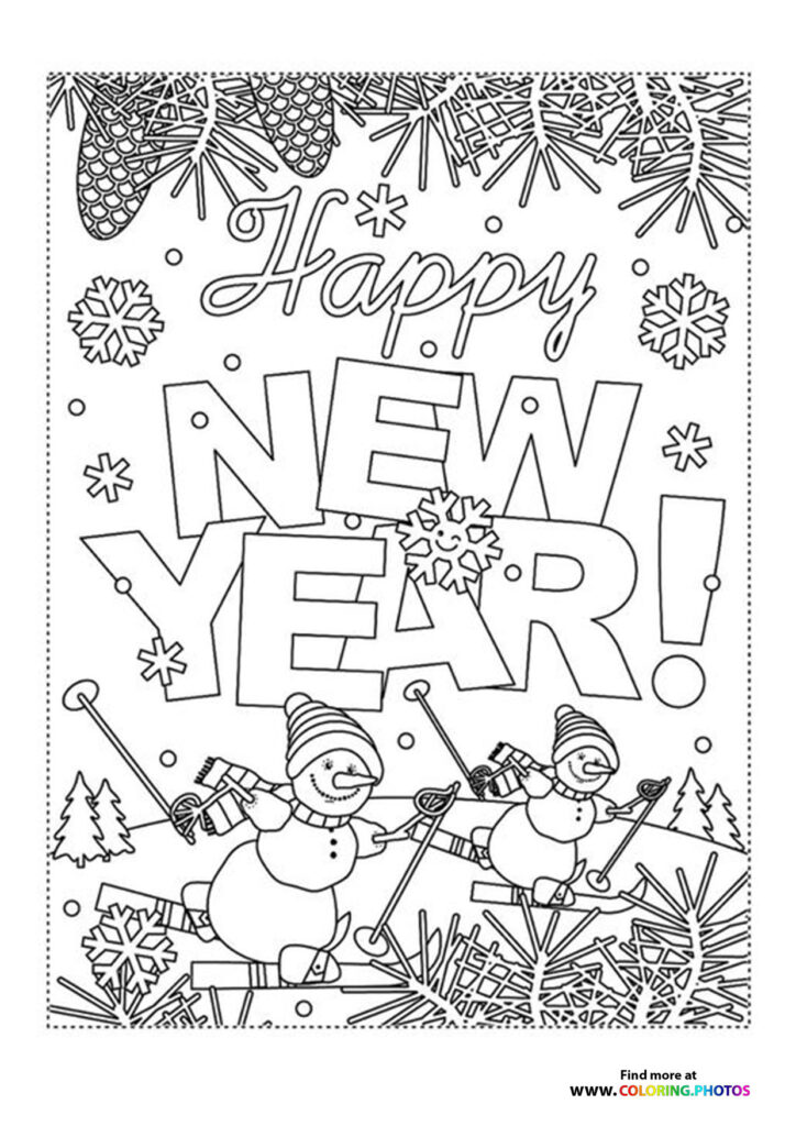 Two skiing snowmen celebrating Happy New Year with snowflakes and fireworks coloring page
