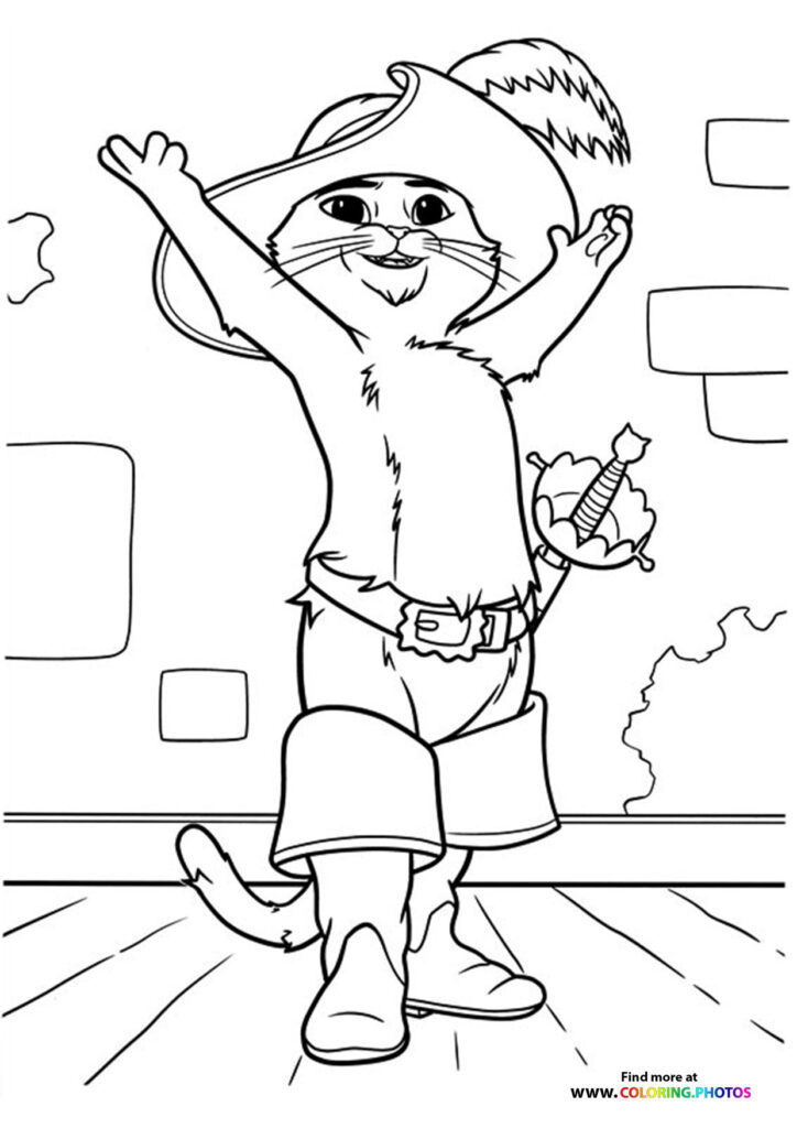 Puss in Boots celebrating with raised arms and sombrero, from Puss in Boots The Last Wish coloring page
